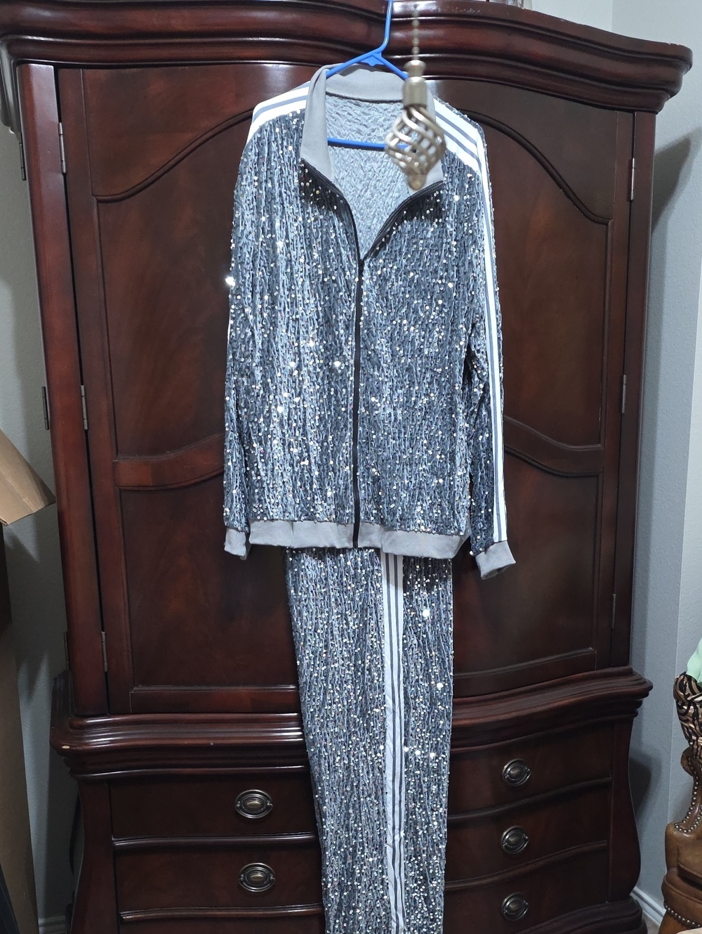 Sequin Track Jacket & Pants Set - Silver